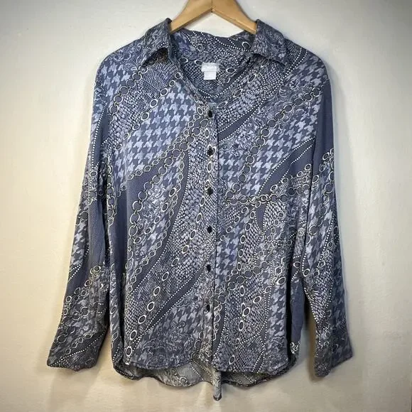 Chico's 2 chicos large Sandwashed Satin Mixed Print Button Up Long Sleeve silky - Picture 5 of 11